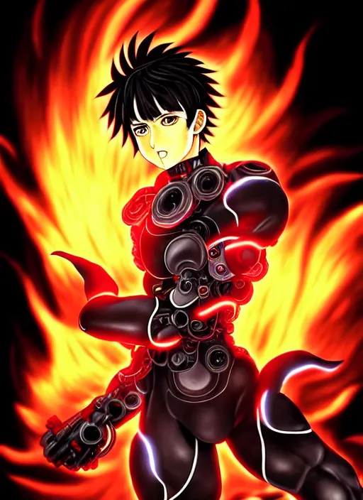 Image similar to a detailed manga full body portrait illustration of a dark haired cyborg anime man surrounded by fire by hirohiko araki, detailed artwork, realism, 4 k resolution, detailed, high quality, sharp focus, hq artwork, insane detail, volumetric lighting, character concept art, fine details, clear subject, central subject