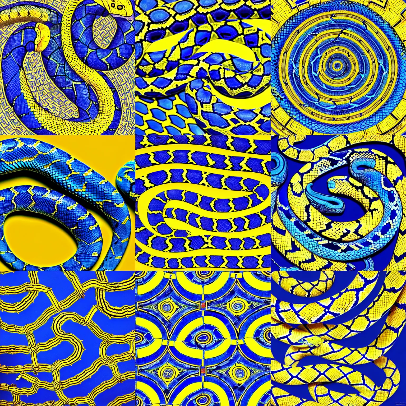 Prompt: blue and yellow pythons intwined, python, programming, symmetric,mosaic, Roman, classic, vibrant, intricate