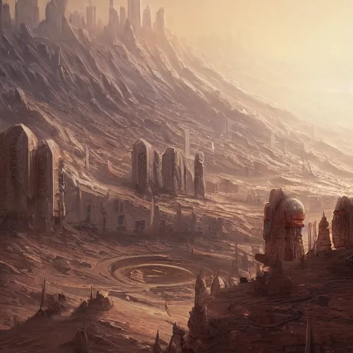 Prompt: a painting of a city on mars, humanitys last refuge, intricate, elegant, highly detailed, digital painting, artstation, concept art, smooth, sharp focus, illustration, art by artgerm and greg rutkowski