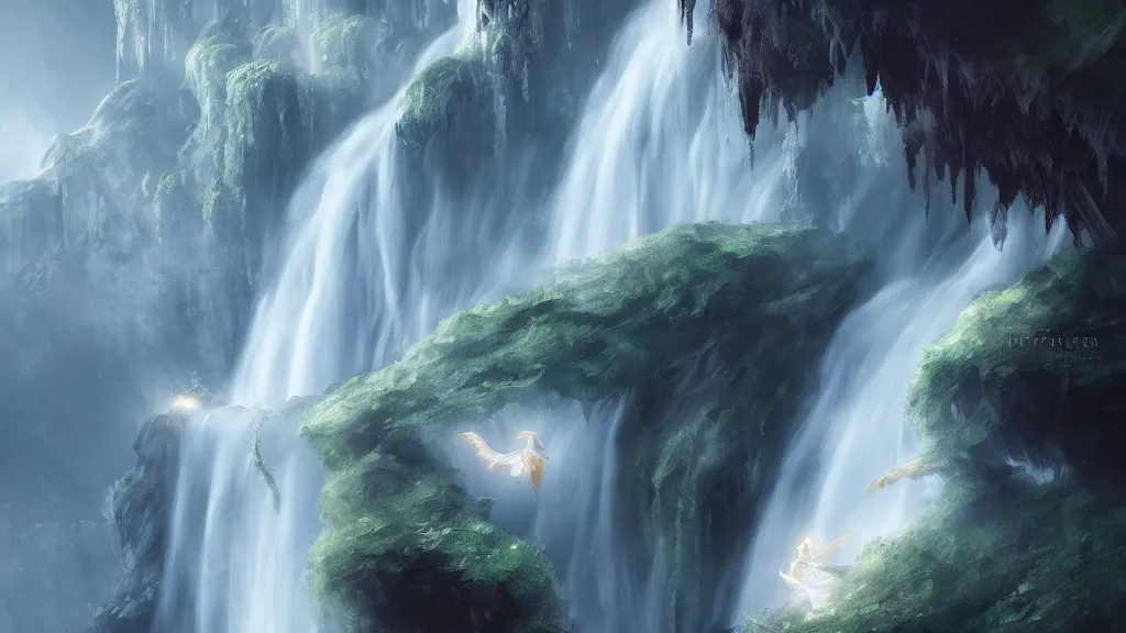 Image similar to a flying ghost!!!, close up, waterfall in the background, hyperdetailed, artstation, cgsociety, 8k