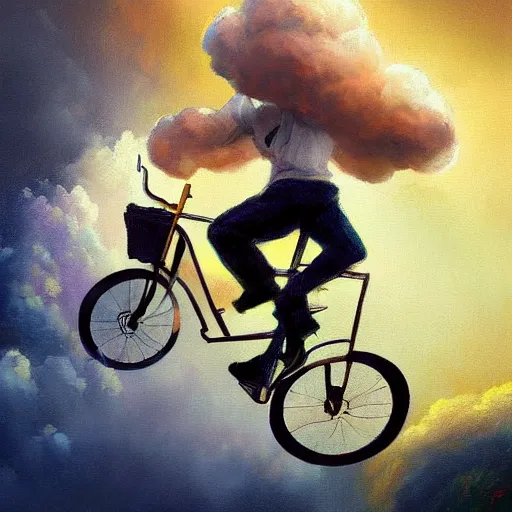 Image similar to A striking painting of a happy man flying in the sky on his bicycle in the clouds, award-winning digital art by Ross Tran