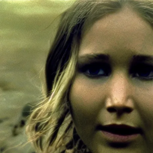 Image similar to film still, close up, jennifer lawrence rising out of muddy vietnam river, face covered in mud, low camera angle at water level, night time, film still from apocalypse now ( 1 9 7 9 ), 2 6 mm.