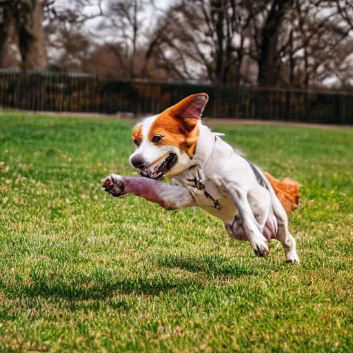 Prompt: a photograph of a dog playing in the park, hyperrealism, photo realistic, canon pro