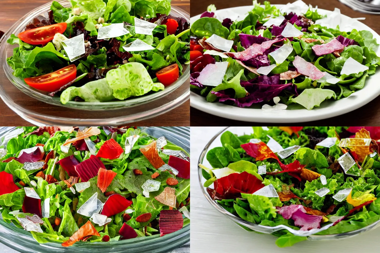 Prompt: salad with glass shards on a dinner plate