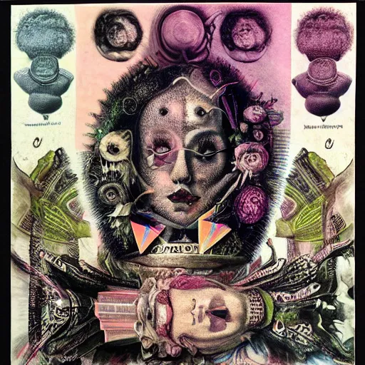 Image similar to post - punk new age album cover, asymmetrical design, dollar bank notes, capitalism, magic, apocalypse, psychedelic, black white pink, magic, giger h. r., giuseppe arcimboldo