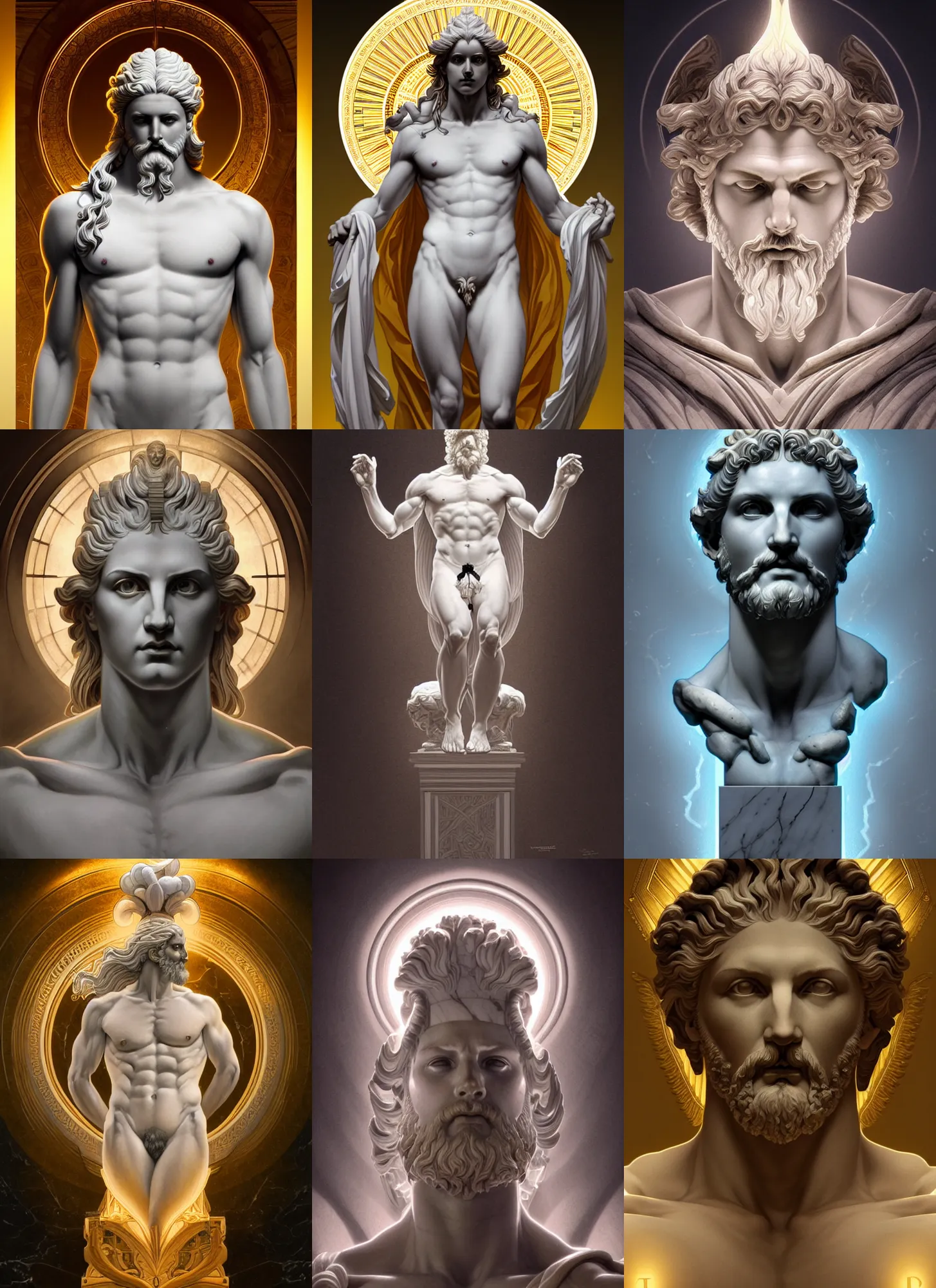 Prompt: symmetry!! portrait of marble statue god zeus, mithology, intricate, highly detailed, dynamic lighting, digital art, digital painting, artstation, wlop, sharp focus, illustration, masterpiece, glowing lights, art by artgerm and greg rutkowski and alphonse mucha, 8 k