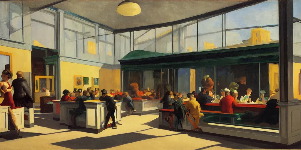 Image similar to painting, view from inside edward hopper's painting nighthawks, of a group of werebears inside a gallery, by magrirre, by neo rauch