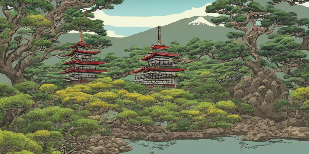 Prompt: japanese landscape with pagoda, trees and rocks, detailed, in the style of studio ghibli