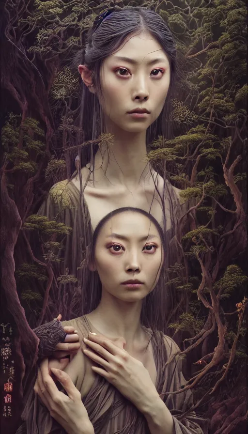 Image similar to wuxia, forest, moonlight, gemma chen, madison beer, angela sarafyan, pinup, intricate beautiful faces, surrealistic painting by agostino arrivabene, vanessa beecroft, anka zhuravleva, mary jane ansell, peter mohbacher, gerald brom