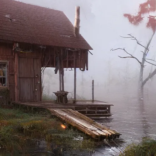 Prompt: movie scene of a old wooden dock and bait and tackle shack on a very misty day, greg rutkowski, loish, rhads, ferdinand knab, makoto shinkai and lois van baarle, artgerm, ian mcque, pixar, ilya kuvshinov, rossdraws, tom bagshaw, global illumination