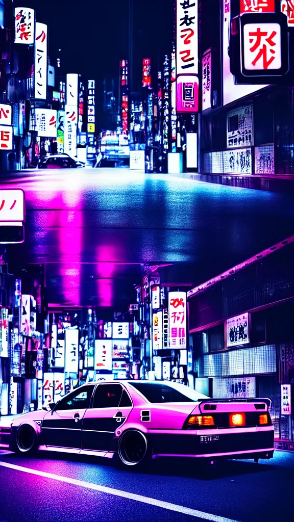 Image similar to a car drift spec JZX100 in middle of road, shibuya prefecture, city midnight neon lights, cinematic color, photorealistic, highly detailed