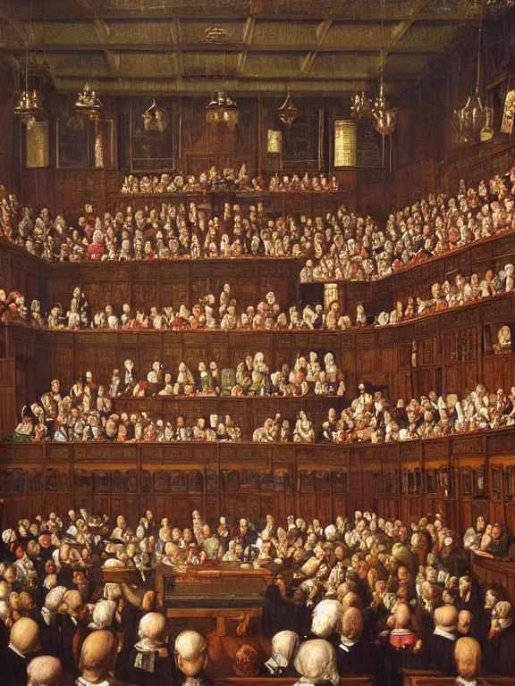 Prompt: “ a debate in house of lords by andrew carrick gow, 1 6 th century, medieval, tudor, oil on canvas, highly detailed, artstation hd ”