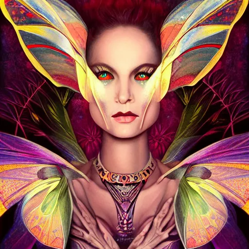 Prompt: photorealistic painting of beautiful art deco faerie queen with glowing eyes, moth wings with geometric patterns, reflective detailed textures, highly detailed dark fantasy science fiction painting, silver and cool colors, extremely detailed, artstation