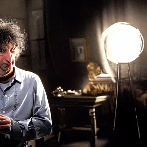 Image similar to a dramatic photograph of neil gaiman having a conversation with dream from the sandman in a fantasy world, dramatic lighting, filmic, cinematographic, sci - fi