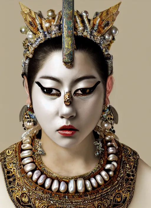 Image similar to hyperrealism, detailed textures, award winning autochrome photo, japanese pearl, beautiful animal pearl queen, kissing a egyptian animal pearl god, pearl silverplate, intricate, detailed facial pearl scary animal mask, pearl, golden jewelery, silverplate, ultra realistic, cinematic, intricate, cinematic light by steve mccurry, unreal engine 8 k