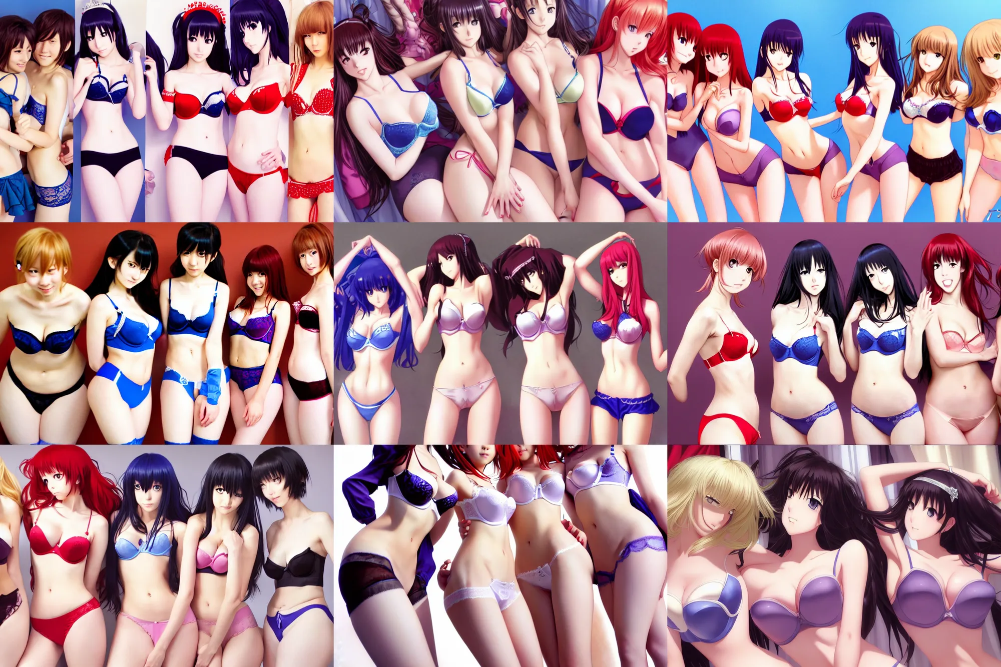 Prompt: close - up princesses posing together in bra, panties and thighhighs. by takashi takeuchi, yoshiyuki sadamoto, amagaitaro, makoto shinkai, krenz cushart, asao urata, pixiv