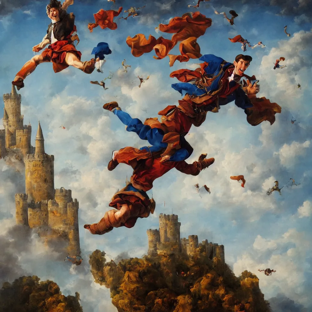 Prompt: full body oil painting of man jumping from a castle in the air