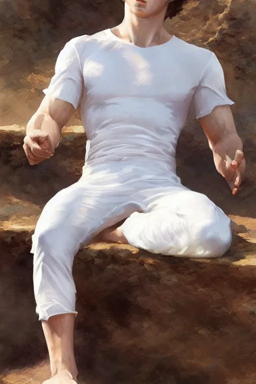 Prompt: tom holland godly white clothes meditating in the sun, blank lighting ultra realistic photorealistic highly detailed high quality, a stunningly, digital painting, artstation, concept art, smooth, sharp focus, illustration, art by artgerm and greg rutkowski and alphonse mucha 8 k