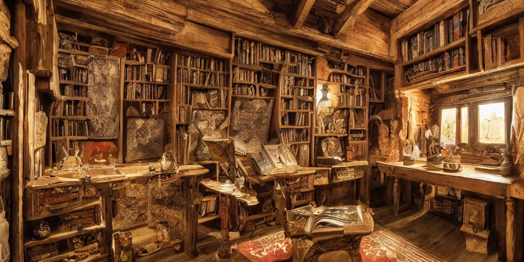 Prompt: a medieval fantasy interior room filled with codex open books ancient scrolls maps artifacts wooden desk shelves glass flasks bottles candle wooden floor, open window, moonlit night, colorful, intricately detailed, fine textures, in the style of hayao miyazaki studio ghibli films