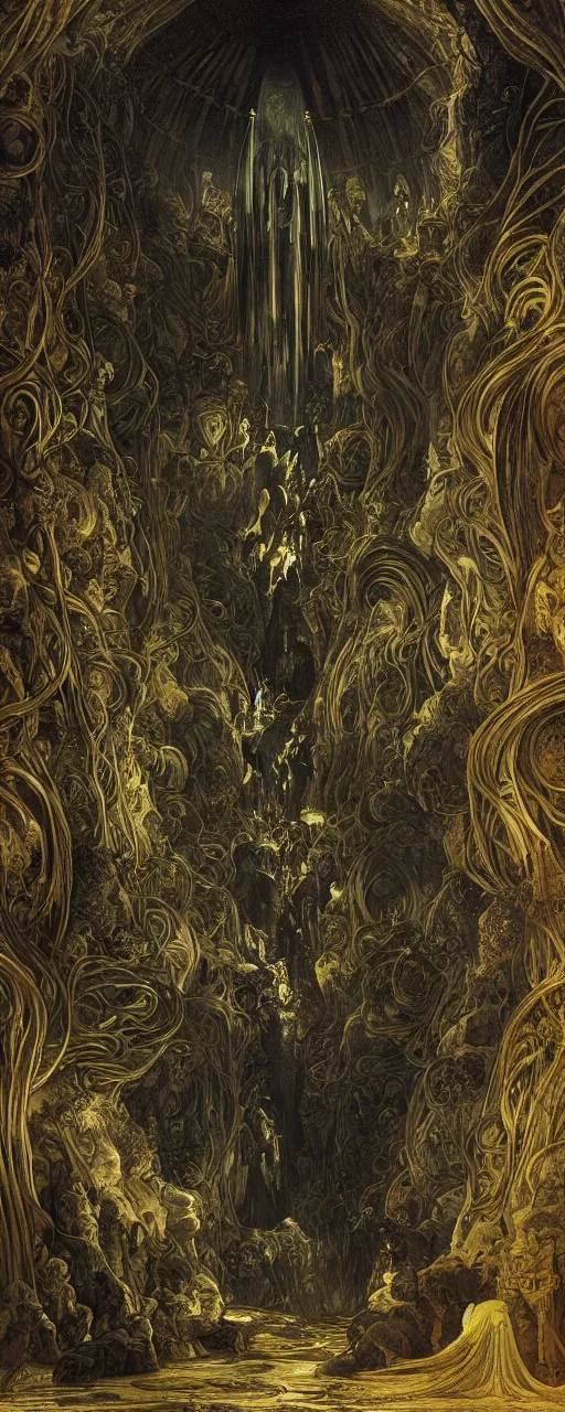 Image similar to medieval explorers inside an enormous alien cavern, enormous shiny black alien architecture, an enormous portal opens to another dimension, translucent, inner illumination, cinematic lighting, volumetric, complementary color, by h. r. giger and gustave dore, by alphonse mucha and roger deakins