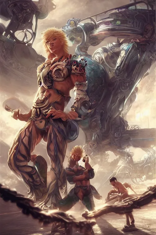Image similar to a blonde man a mexican man and a persian man fight a giant cash register, ultrarealistic, futuristic dark fantasy, art by artgerm and yoshitaka amano and thomas kincaid, trending on artstation