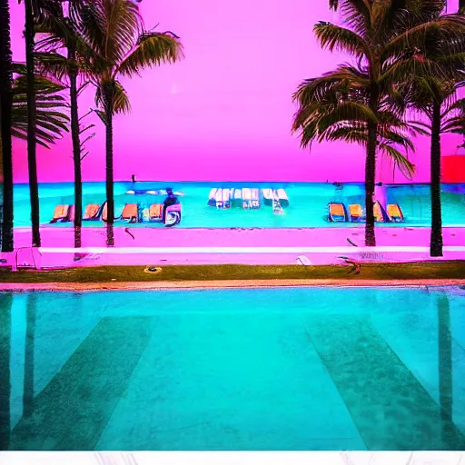 Image similar to hotel california, motel, swimmingpool, sunset, palms, beach, sunset, vaporwave, pink, blue, green, purple, aesthetic.