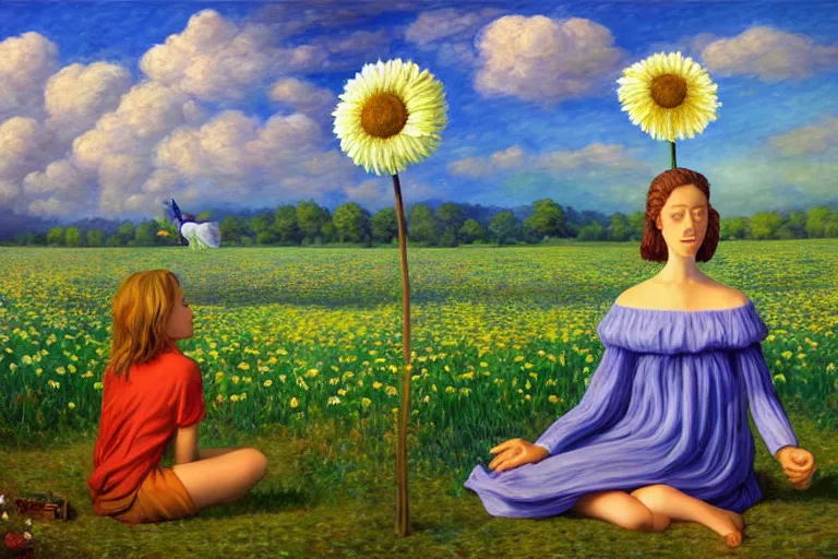 Prompt: giant daisy flower head, woman sitting, surreal, clouds in sky, impressionist painting, digital painting, artstation, rob gonsalves