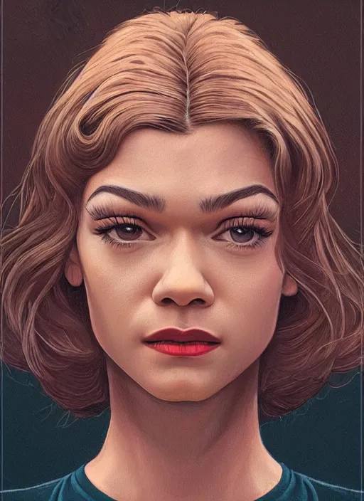 Prompt: twin peaks movie poster art, portrait of zendaya, from scene from twin peaks, clean, simple illustration, nostalgic, domestic, highly detailed, digital painting, artstation, concept art, smooth, sharp focus, illustration, artgerm, donato giancola, joseph christian leyendecker, wlop