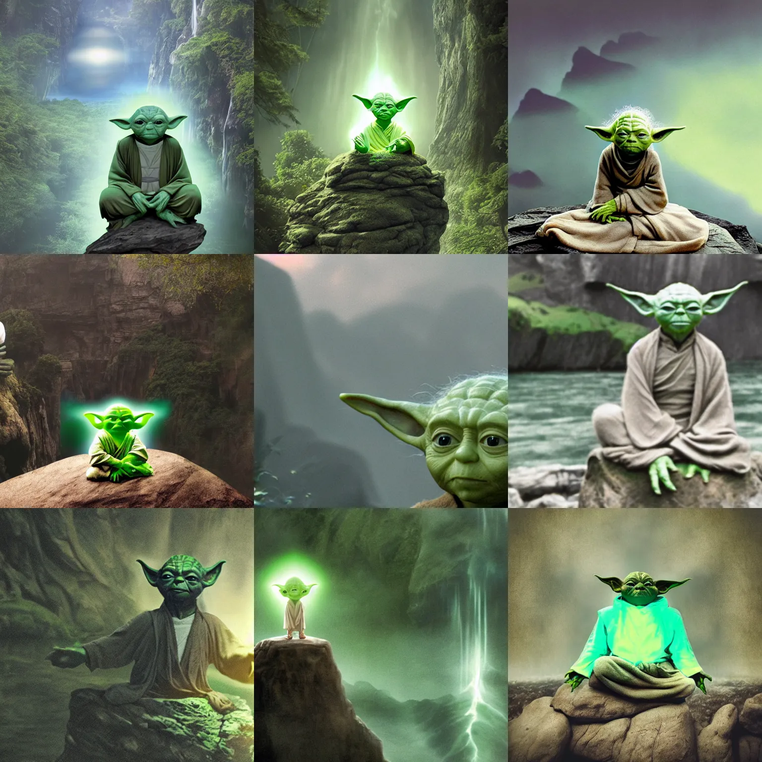 Prompt: a photograph of yoda meditating and floating over a cliff