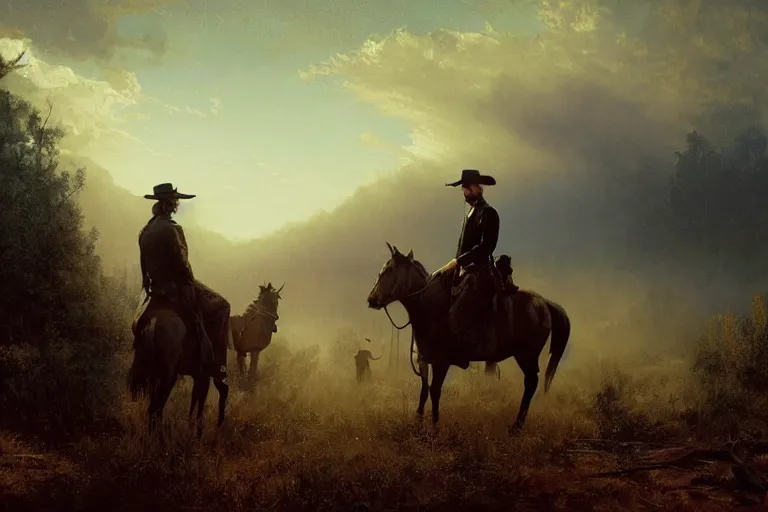 Image similar to an ultradetailed image of sam and dean winchester as an old west gunfighters, masterpiece, 8 k, art by greg rutkowski and albert bierstadt