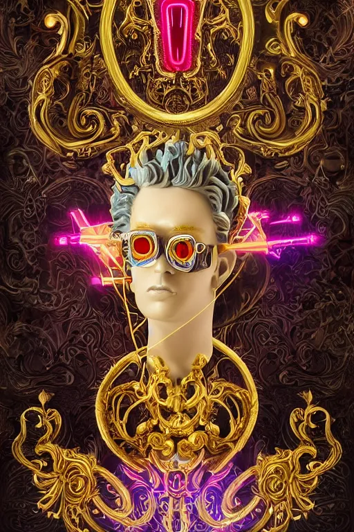 Prompt: full-body neon porcelain bladerunner and rococo style sculpture of a young handsome Cuban prince wearing retro shades and a gold chain, half android face, porcelain chest opening exposing circuitry and electric sparks, glowing laser beam eyes, crown of giant diamonds, flowing neon-colored silk, fabric, raptors. baroque elements. full-length view. baroque element. intricate artwork by caravaggio. many many birds birds on background. Trending on artstation, octane render, cinematic lighting from the right, hyper realism, octane render, 8k, depth of field, 3D