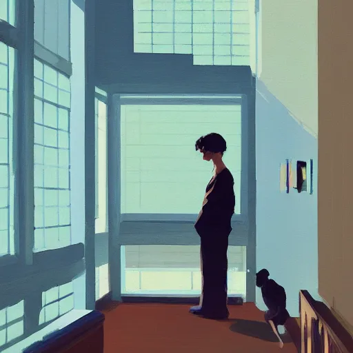 Image similar to farnsworth house painting by atey ghailan,, blue light, character looking back, cinematic, masterpiece