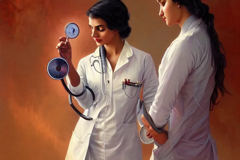 Image similar to sensual pale beautiful indian doctor in jeans with stethoscope, art deco portrait, elegant, intricate, digital painting, artstation, concept art, smooth, sharp focus, illustration, art by artgerm and greg rutkowski and alphonse mucha