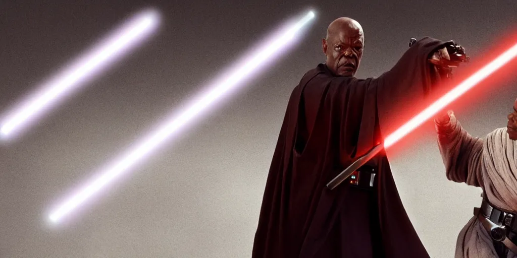 Prompt: old Mace Windu played by Samuel L Jackson has lightsaber duel against Darth Vader Lucasfilm Star Wars concept for a movie, digital drawing, ultra realistic, 4K, movie still, UHD, sharp, detailed, cinematic, render, modern