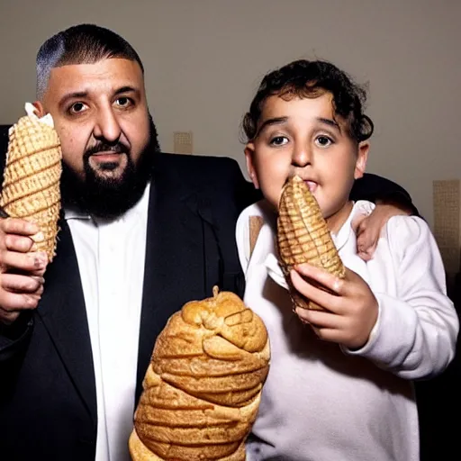 Prompt: DJ khaled and alfred molina with huge ice cream cone and slice of pizza