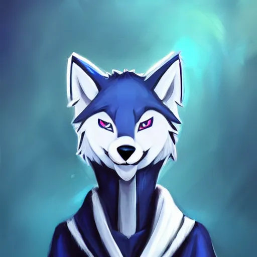 Prompt: furry ( fandom ) art of a cute anthropomorphic white wolf with blue accents and blue eyes, digital art, painting, trending on furaffinity, stylised, adorable