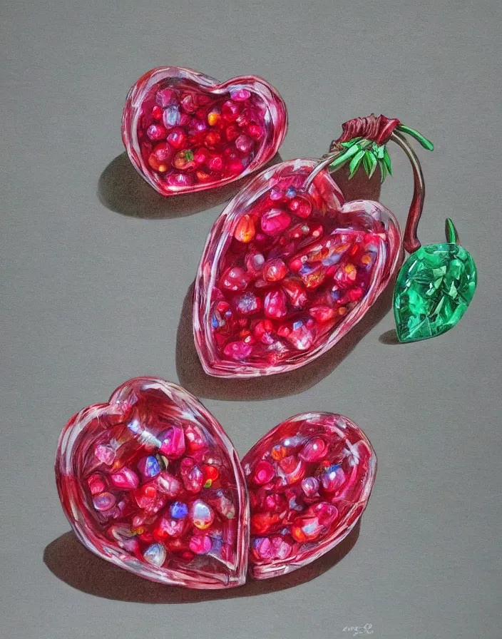 Image similar to transparent crystal gum gum fruit with a ruby shaped like a heart inside the devil fruit, spectacular quality, intricate oil pastel glow, dynamic lighting, photorealistic, ultra detailed, trending on art station