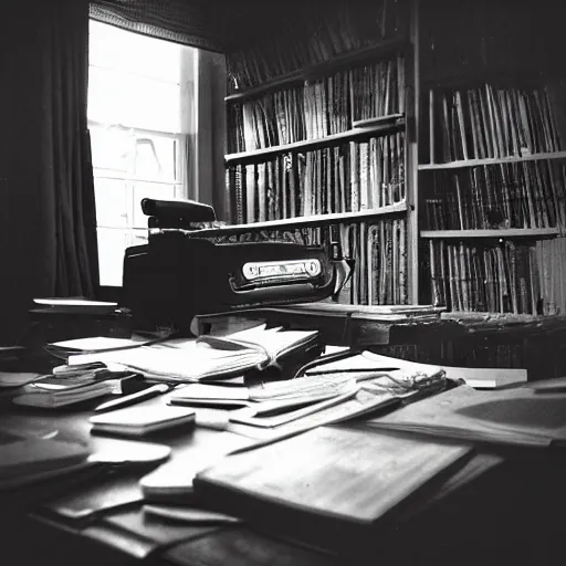 Image similar to 1880, inside a female writer room, Remington typewriter, many plants, many books, piles of books, beautiful light, long shadows, 50 mm lens, crackles, scratches, dust, stains