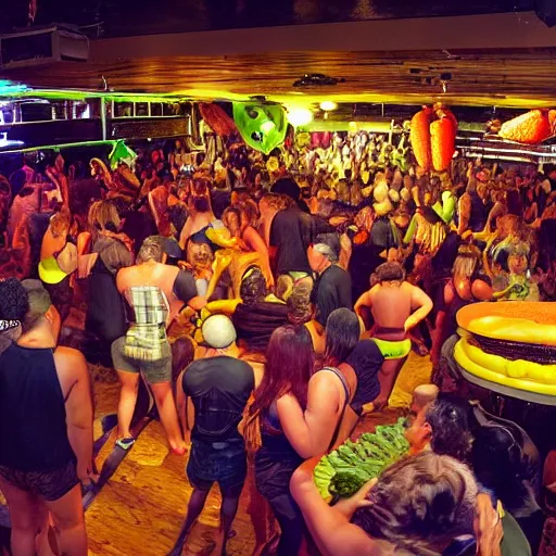 Image similar to a photo of a nightclub. fat men in swimsuits and giant fruit and vegetables all over the floor.