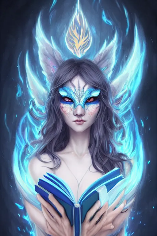 Image similar to gorgeous!!! hyper - realstic sorceress with a kitsune mask, holding a tattered magical book, casting a flame spell, blue flames | drawn by wlop, drawn by jeehyung lee, drawn by artgerm | fantasy, dark, intricate, highly detailed, digital painting, character design, concept art, illustration, artstation