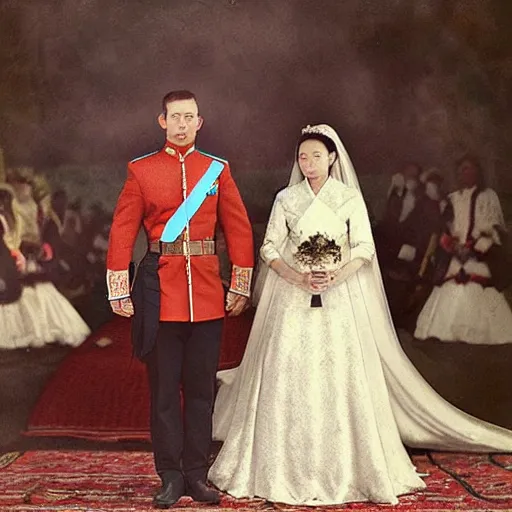 Image similar to a wide full shot, colored russian and japanese mix historical fantasy of a photograph taken of a royal wedding processional ceremony, photographic realistic, warm lighting, 1 9 0 7 photo from the official wedding photographer for the royal wedding.