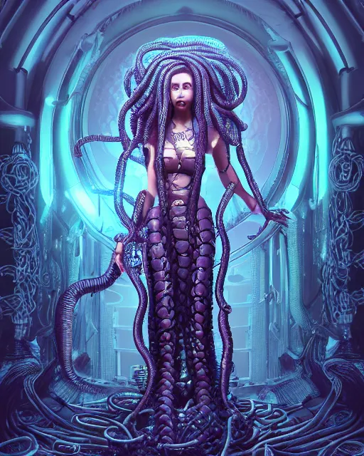 Prompt: Perfectly-centered Hyperdetailed realistic symmetrical cinematic RPG portrait-illustration of a beautiful aetherpunk cyberpunk Medusa in a long dark otherworldly dress while her hair are huge ravepunk snakes. She's standing next to lovecraftian towers in a surreal landscape, style of an epic sci-fi comic-book cover, 3D rim light, octane render