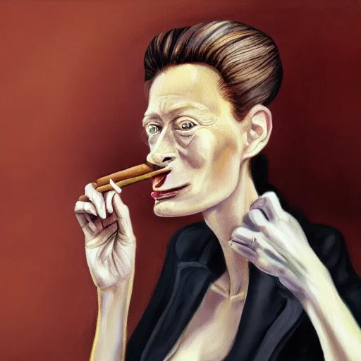 Image similar to an oil painted caricature of a young tilda swinton with a cuban cigar in her hand, blowing out smoke, by salvador dalí, trending on art station, 4K, studio ghibli color scheme