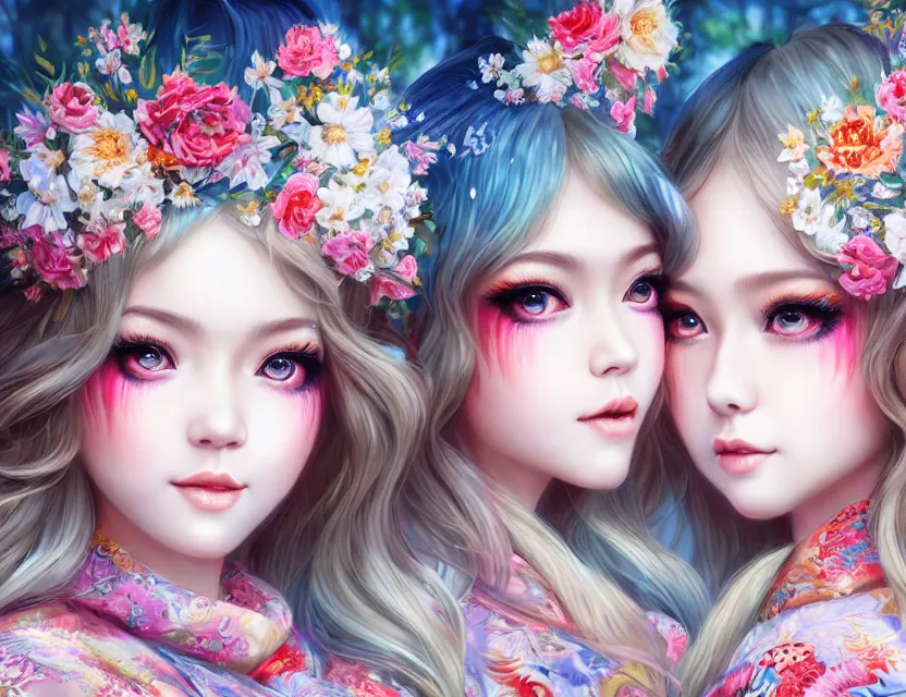 Image similar to two beautiful fashion siberian girls wear fantasy kimono in festival | | big eyes, sunny, dreamlike art, realistic shaded, smile, good looking, hyper details, 4 k realistic, cryengine, realistic shaded lighting poster by artgerm, ross tran, fuji choko, loish, 8 k resolution, trending on artstation, luxury