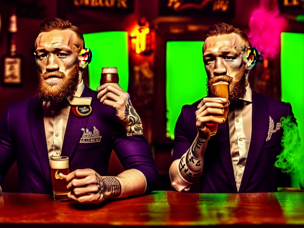 Prompt: a well framed portrait of conor mcgregor drinking a beer and smoking a cigar in an irish pub with a neon bar, trending on art station, in the style of the movie heat, volumetric lighting & shadows, hyper detailed, digital art, unreal engine, 4 0 0 mm f 1. 8,