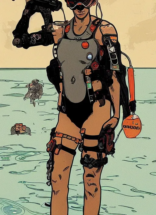 Image similar to cyberpunk beach lifeguard. swimsuit. portrait by ashley wood and alphonse mucha and laurie greasley and josan gonzalez and james gurney. splinter cell, apex legends, rb 6 s, hl 2, d & d, cyberpunk 2 0 7 7. realistic face. character clothing. vivid color. dystopian setting.