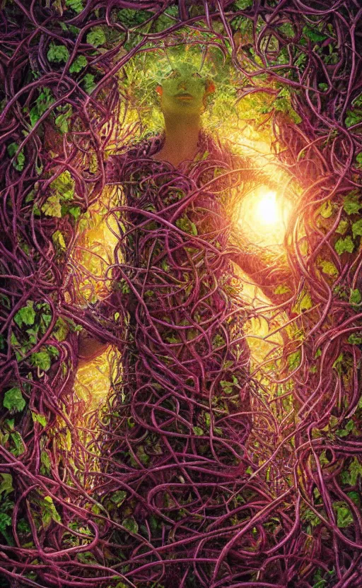 Image similar to a person trapped in extremely thick vines intertwined, central composition, high saturation, epic lighting, in the style of Peter gric and Hannah yata 8k