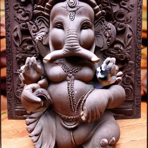 Image similar to A large. ancient wood sculpture of Ganesh, shot on canon camera, shot on 16mm film, hyper-realistic, photo