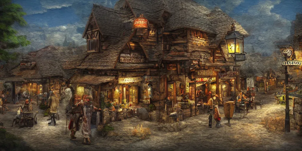 Image similar to walking taverns with clawed feet, exterior landscape shot, tilt-shifted, high quality art, 4k