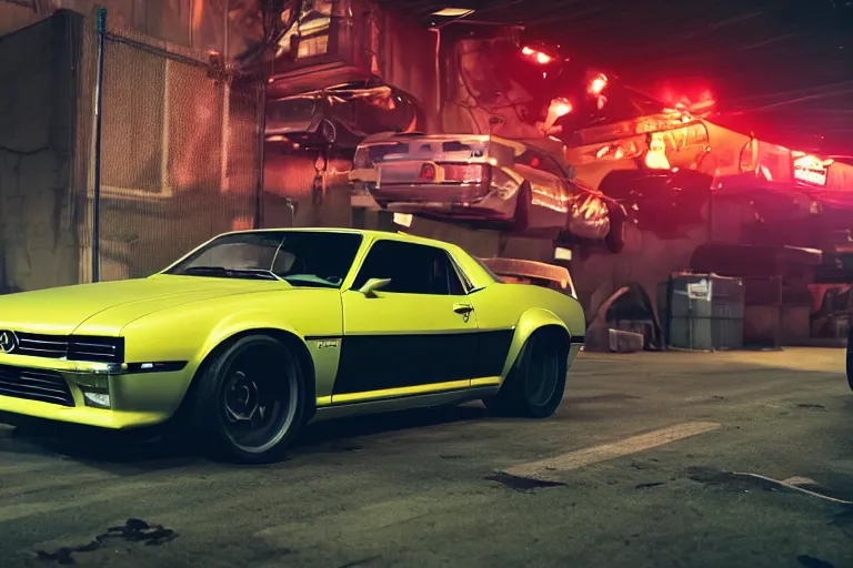 Prompt: widebody audi camaro b 1 ( 1 9 6 9 ), need for speed : carbon, at night, sci - fi, neon lines, phonk music background, smoke behind wheels, noise, dark, establishing shot, by simon stalenhag